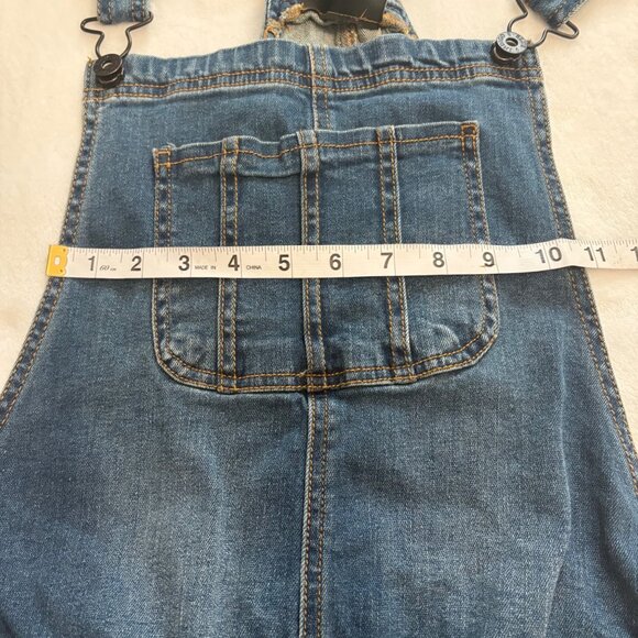 Indigo Blue Womens Distressed Navy Denim Overalls Size L Stretchy Side Panels - Picture 7 of 13
